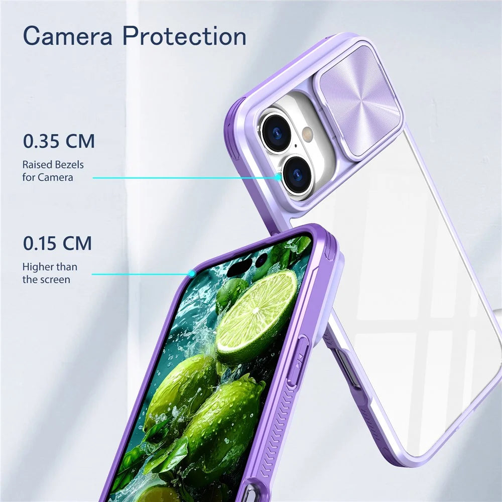 For iPhone 16 Plus Clear Case CD-Veins Camera Lens Sliding Lid TPU+PC Phone Cover - Purple - 5