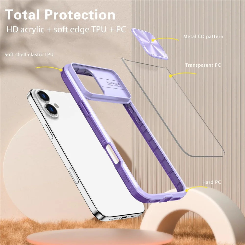 For iPhone 16 Plus Clear Case CD-Veins Camera Lens Sliding Lid TPU+PC Phone Cover - Purple - 6