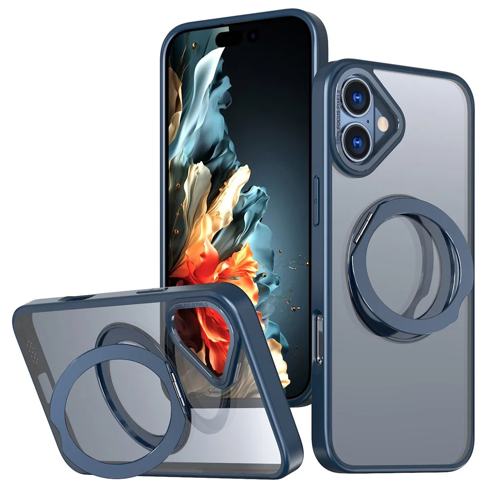 For iPhone 16 Case TPU+Acrylic Kickstand Magnetic Phone Cover - Navy Blue - 1