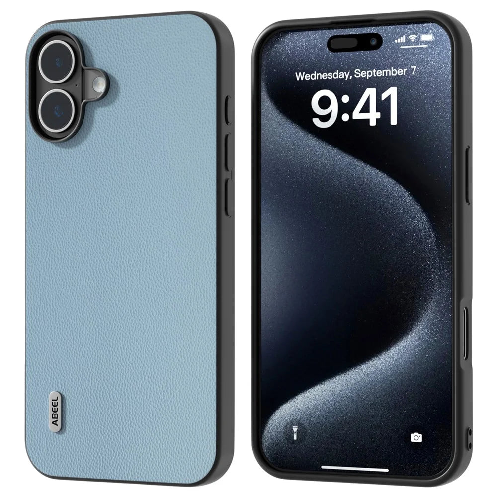ABEEL For iPhone 16 Plus Case Genuine Cow Leather Coated PC+TPU Phone Cover - Sky Blue - 1