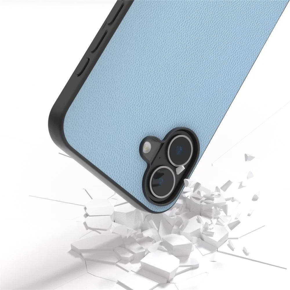 ABEEL For iPhone 16 Plus Case Genuine Cow Leather Coated PC+TPU Phone Cover - Sky Blue - 2