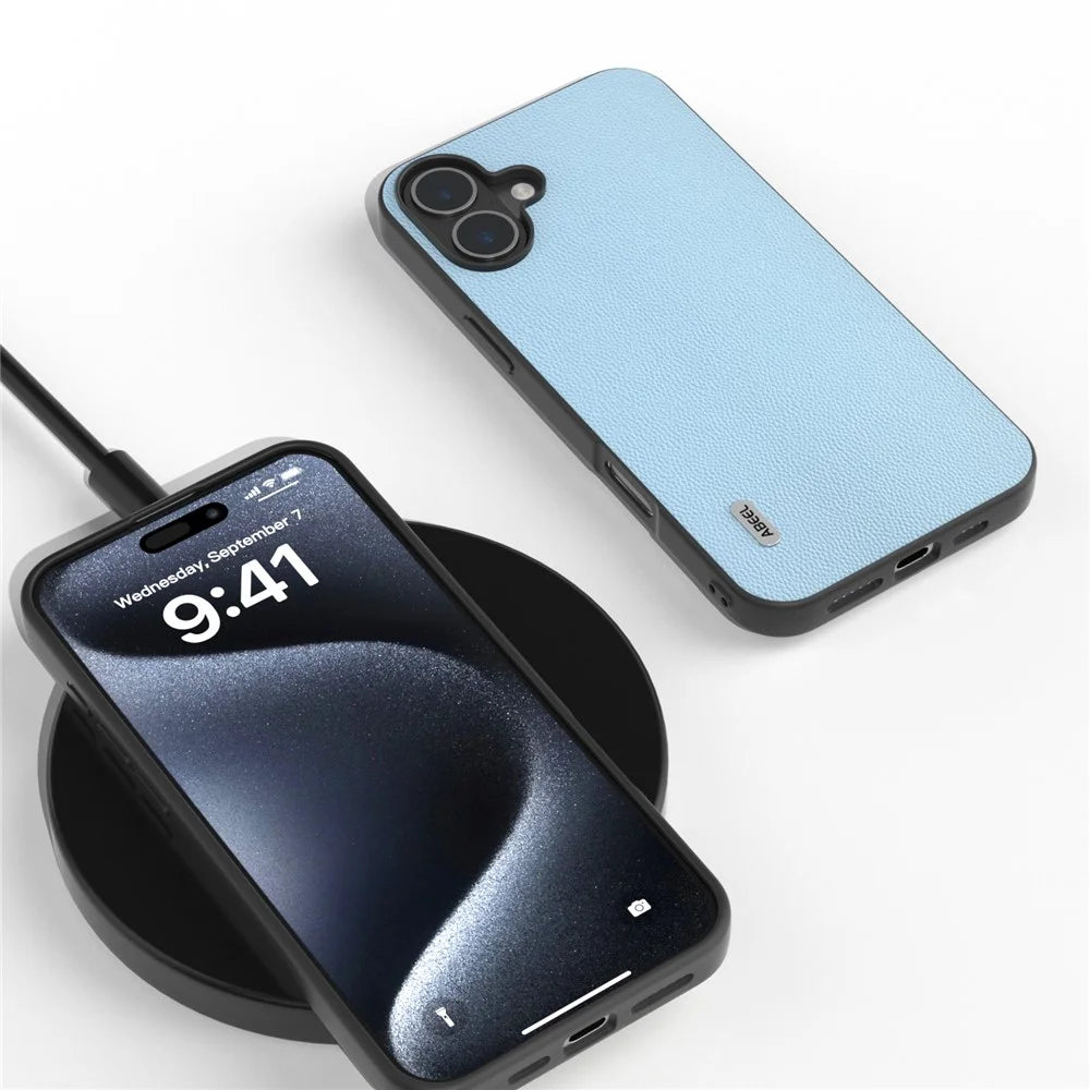 ABEEL For iPhone 16 Plus Case Genuine Cow Leather Coated PC+TPU Phone Cover - Sky Blue - 3