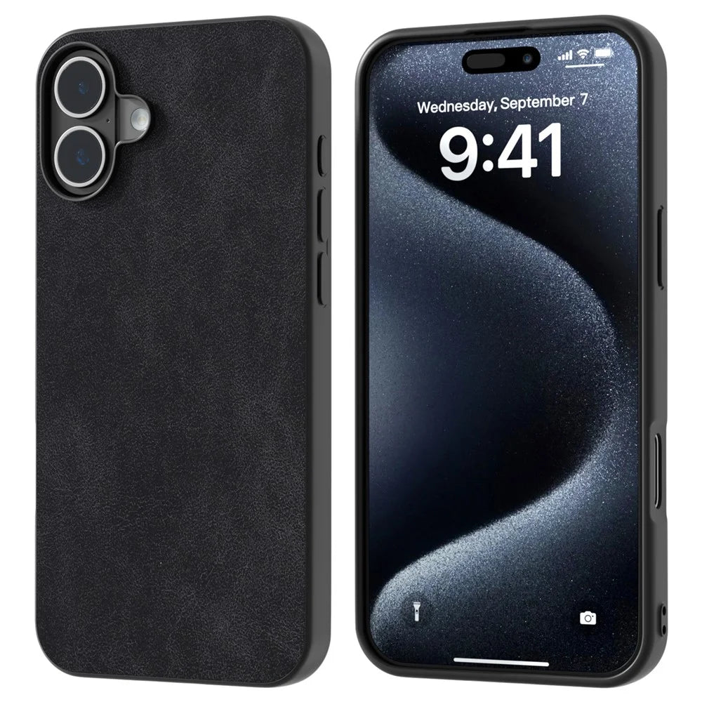 For iPhone 16 Case Anti-Scratch PU Leather Phone Back Cover Black Edge - Black - 1