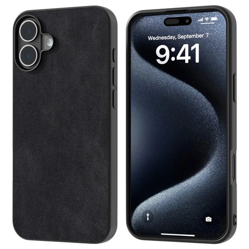 For iPhone 16 Case Anti-Scratch PU Leather Phone Back Cover Black Edge - Black - 1
