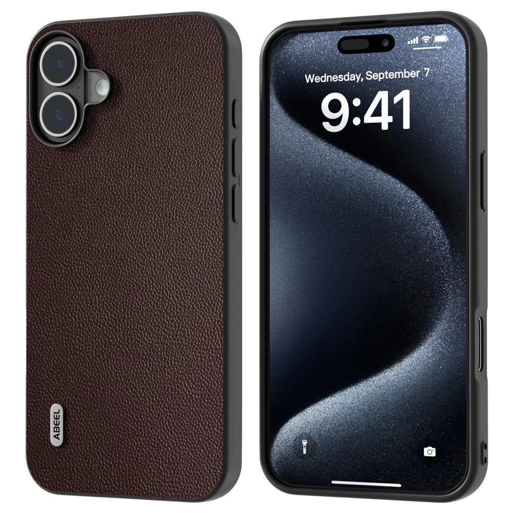 ABEEL For iPhone 16 Case Genuine Cow Leather Coated PC+TPU Non-Slip Phone Cover - Coffee - 1