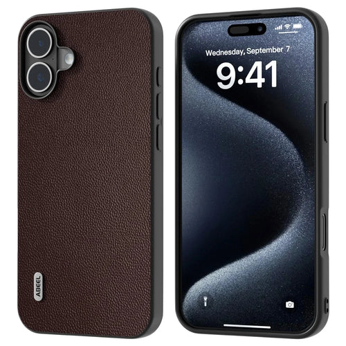 ABEEL For iPhone 16 Case Genuine Cow Leather Coated PC+TPU Non-Slip Phone Cover - Coffee - 1