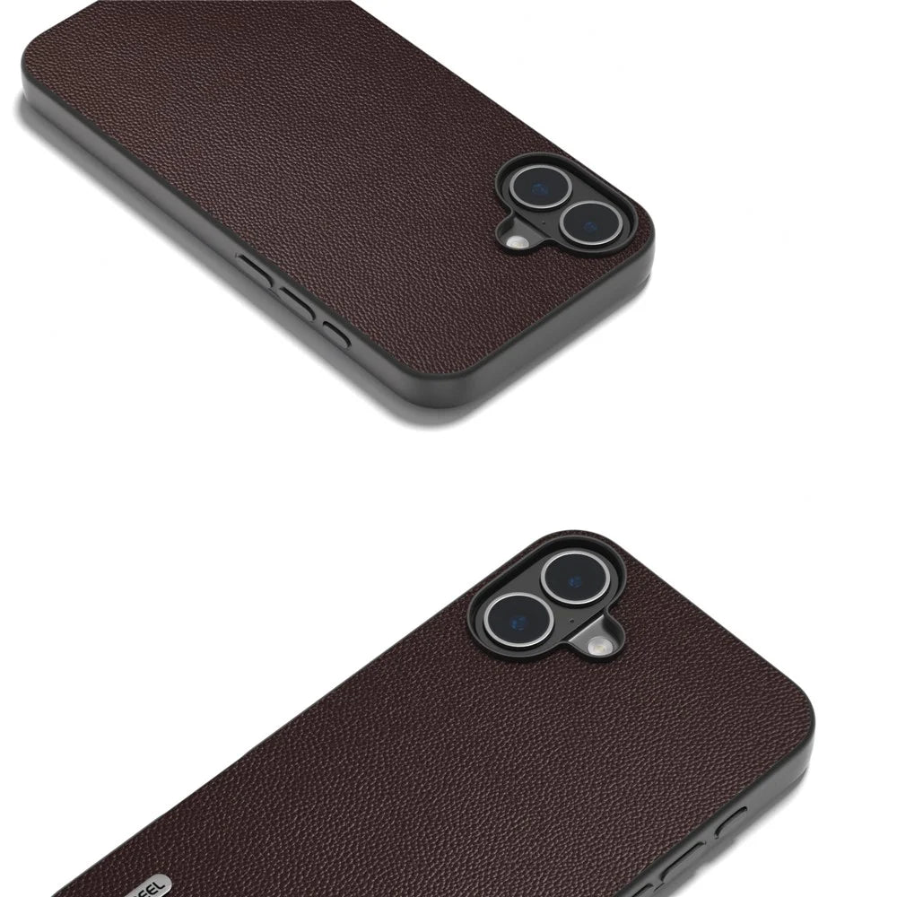 ABEEL For iPhone 16 Case Genuine Cow Leather Coated PC+TPU Non-Slip Phone Cover - Coffee - 4