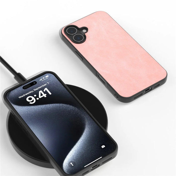 For iPhone 16 Plus Case PU Leather PC TPU 3 Layer Hybrid Phone Cover - Pink - 3