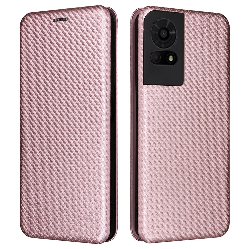 For TCL 50 LE Case Stand Card Holder Leather Folio Phone Cover Carbon Fiber Texture - Rose Gold - 1