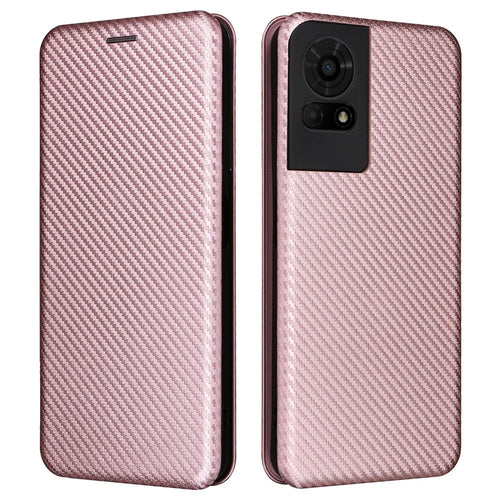 For TCL 50 LE Case Stand Card Holder Leather Folio Phone Cover Carbon Fiber Texture - Rose Gold - 1