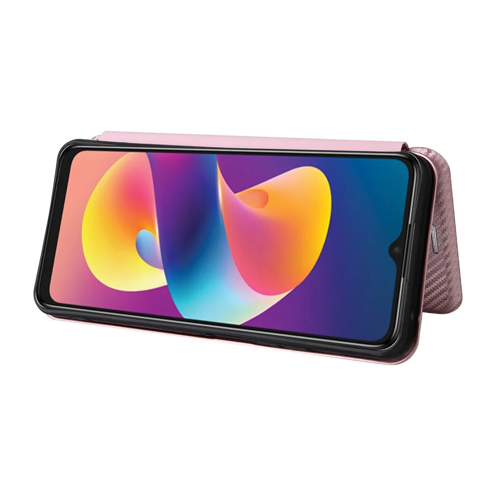 For TCL 50 LE Case Stand Card Holder Leather Folio Phone Cover Carbon Fiber Texture - Rose Gold - 3