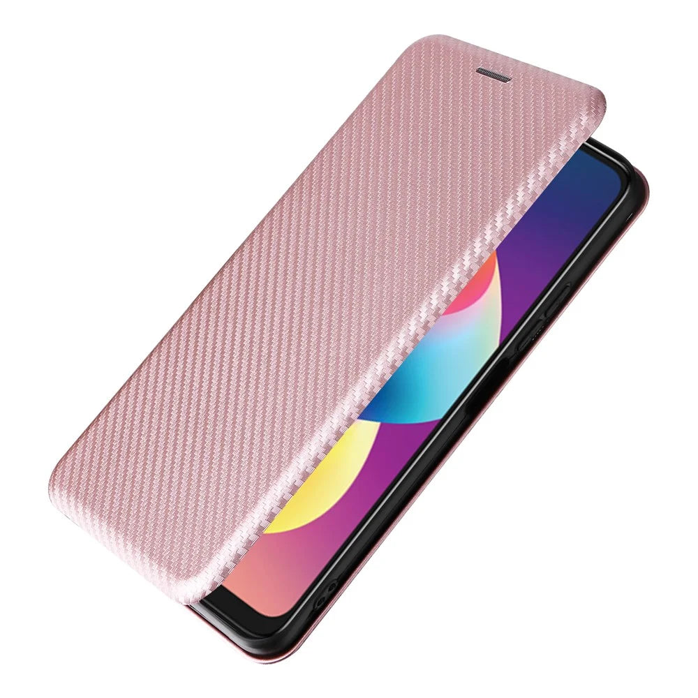 For TCL 50 LE Case Stand Card Holder Leather Folio Phone Cover Carbon Fiber Texture - Rose Gold - 4