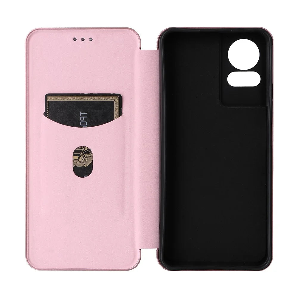 For TCL 50 LE Case Stand Card Holder Leather Folio Phone Cover Carbon Fiber Texture - Rose Gold - 5