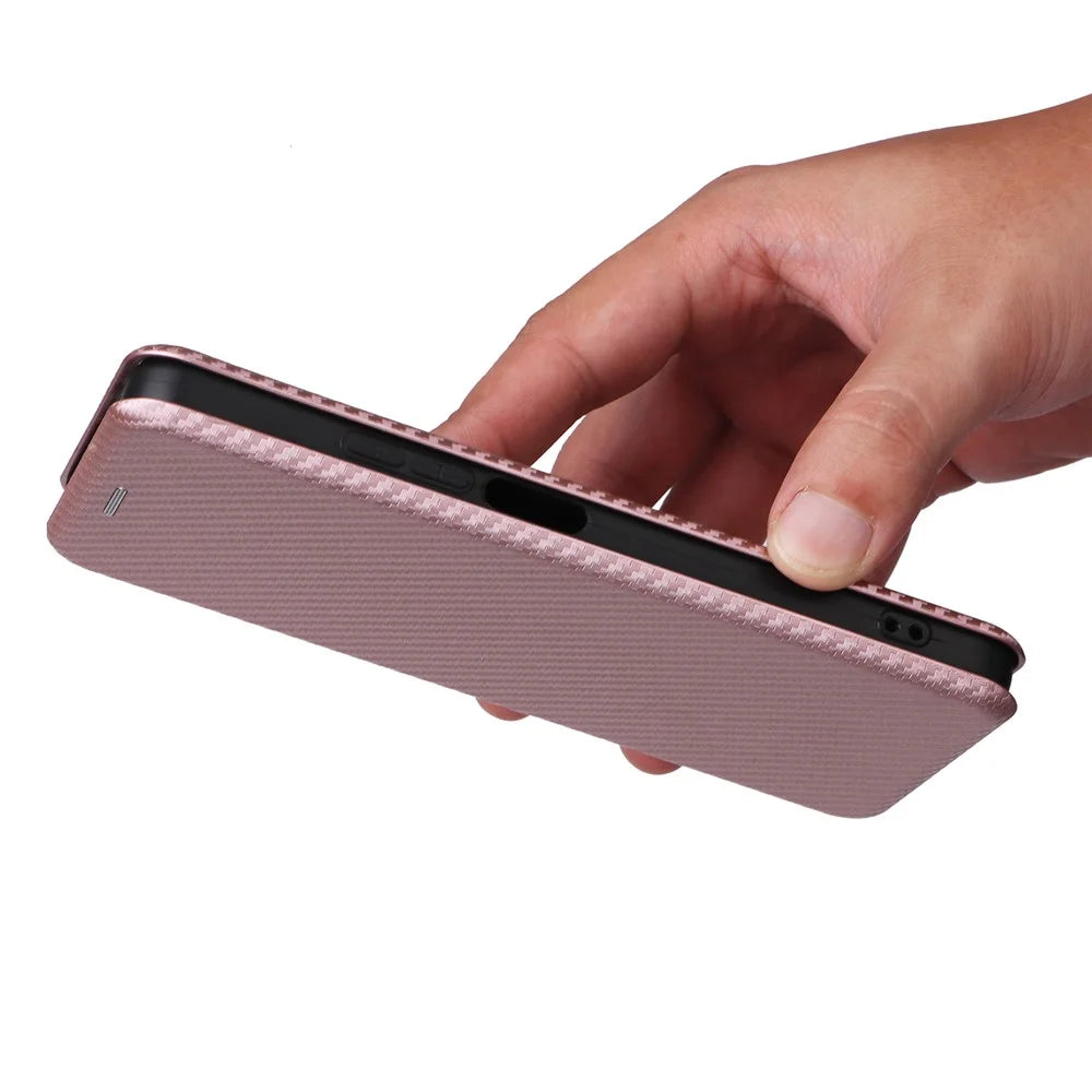 For TCL 50 LE Case Stand Card Holder Leather Folio Phone Cover Carbon Fiber Texture - Rose Gold - 7