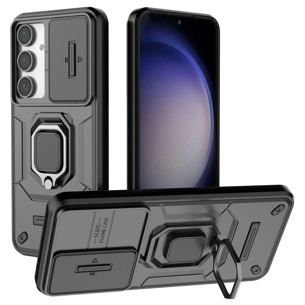 For Samsung Galaxy S24 FE Case Ring Kickstand PC+TPU Phone Cover Slide Camera Protection - Black - 1