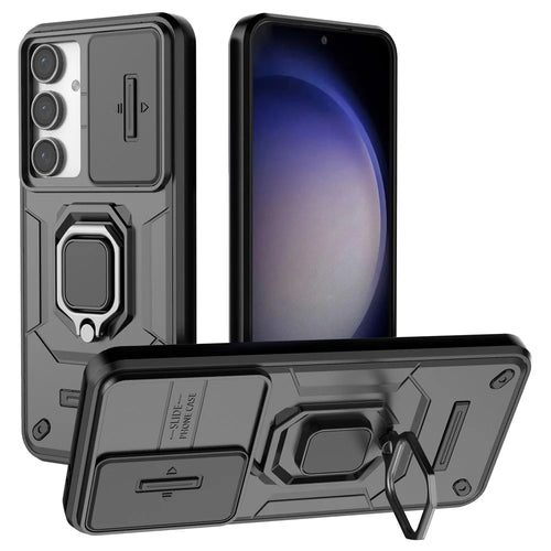 For Samsung Galaxy S24 FE Case Ring Kickstand PC+TPU Phone Cover Slide Camera Protection - Black - 1