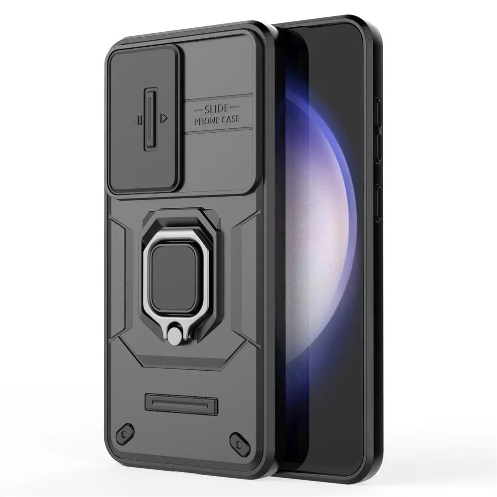 For Samsung Galaxy S24 FE Case Ring Kickstand PC+TPU Phone Cover Slide Camera Protection - Black - 2
