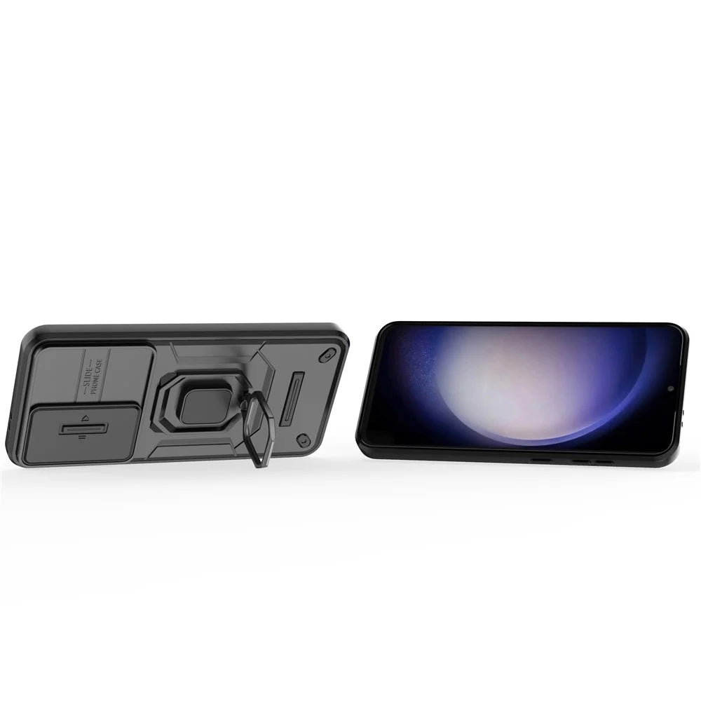 For Samsung Galaxy S24 FE Case Ring Kickstand PC+TPU Phone Cover Slide Camera Protection - Black - 3