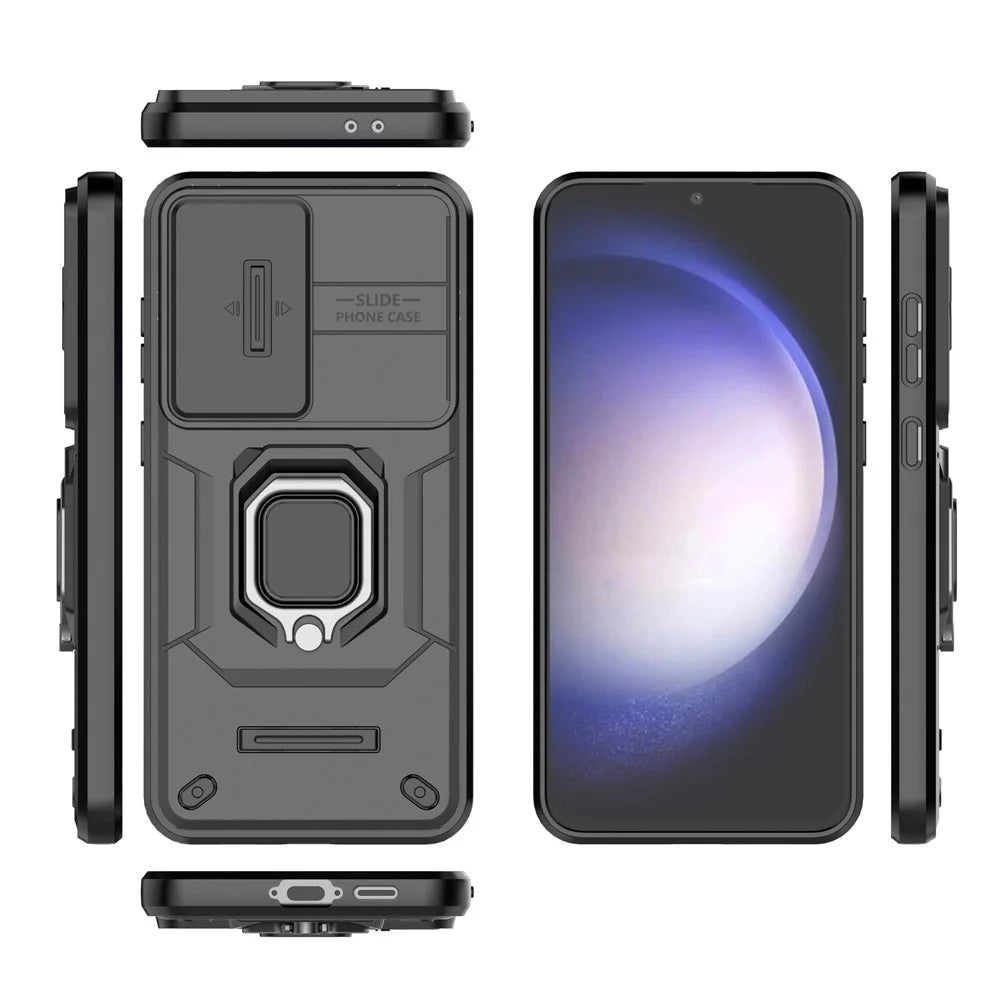 For Samsung Galaxy S24 FE Case Ring Kickstand PC+TPU Phone Cover Slide Camera Protection - Black - 5