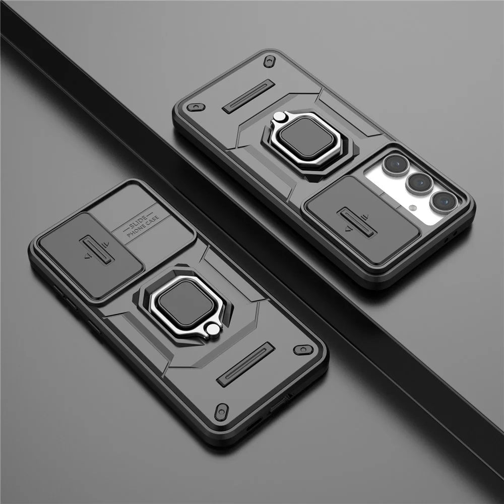 For Samsung Galaxy S24 FE Case Ring Kickstand PC+TPU Phone Cover Slide Camera Protection - Black - 6