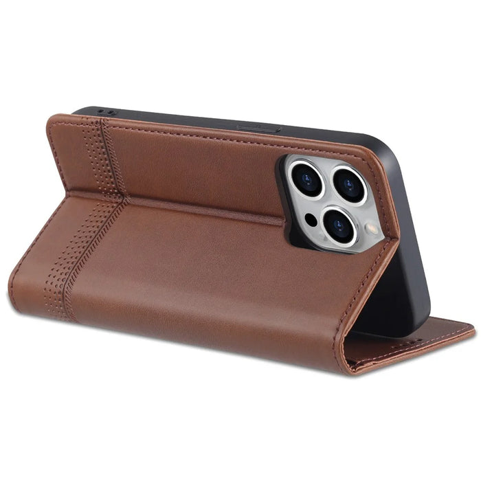 AZNS For iPhone 16 Pro Case Hidden Magnetic PU Leather Phone Cover Cowhide Texture - Coffee - 4