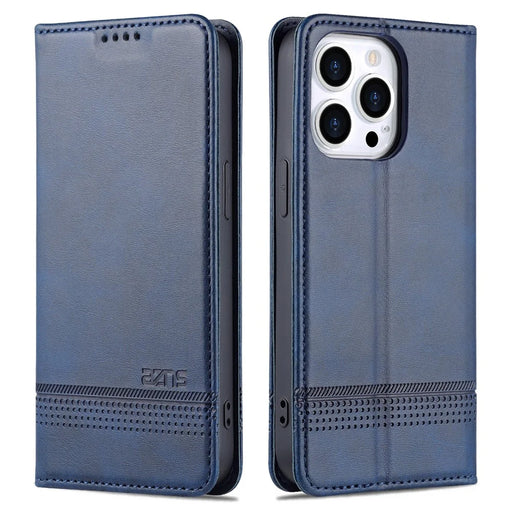 AZNS For iPhone 16 Pro Max Case Folio Wallet PU Leather Phone Cover Cowhide Texture - Blue - 1