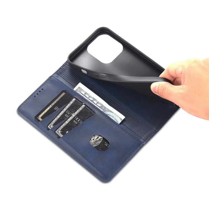 AZNS For iPhone 16 Pro Max Case Folio Wallet PU Leather Phone Cover Cowhide Texture - Blue - 5