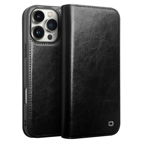 QIALINO For iPhone 16 Pro Max Case Genuine Cow Leather Card Slots Phone Cover - Black - 1
