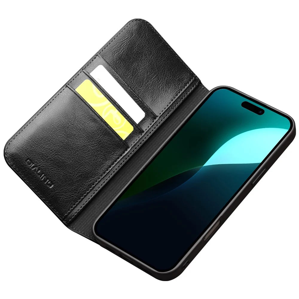 QIALINO For iPhone 16 Plus Case Card Holder Genuine Cow Leather Stand Phone Cover - Black - 3