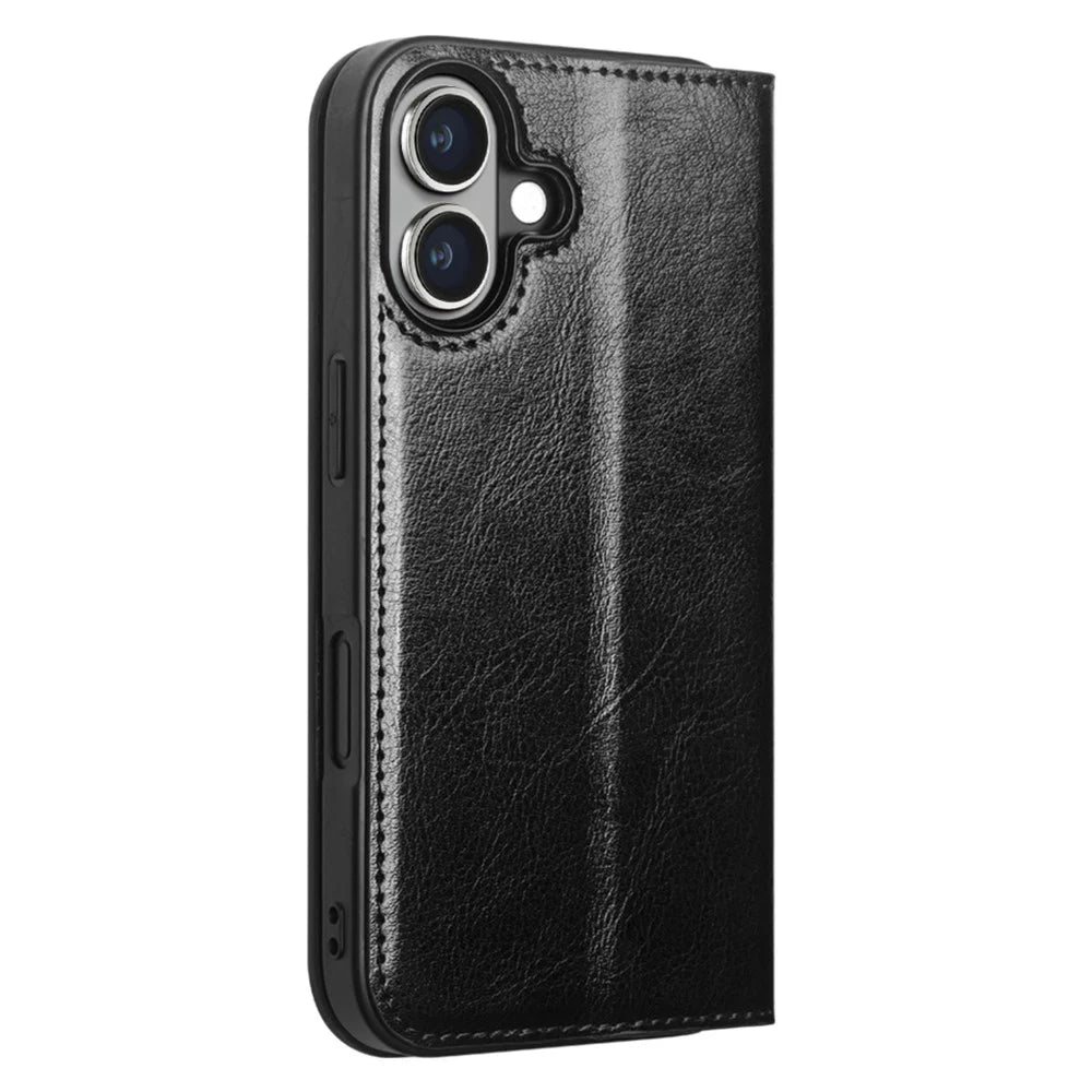 QIALINO For iPhone 16 Plus Case Card Holder Genuine Cow Leather Stand Phone Cover - Black - 5