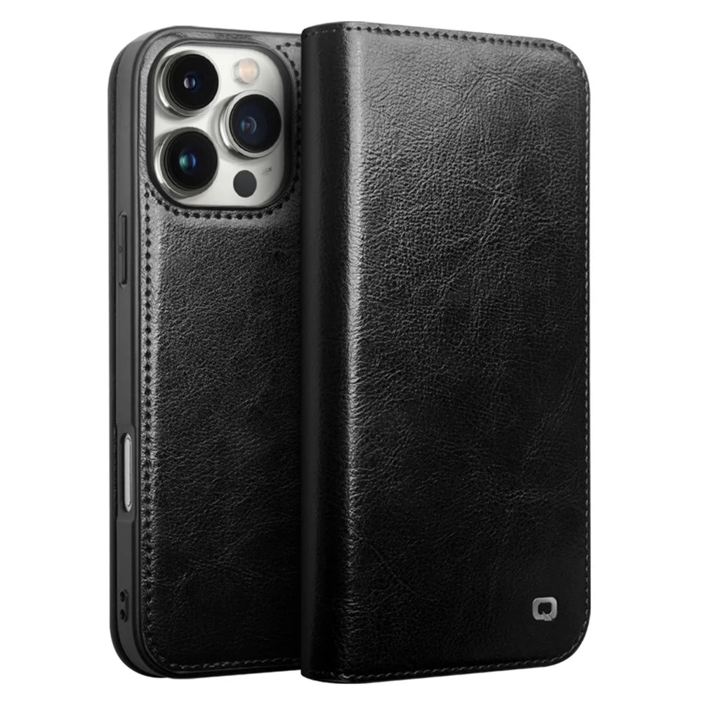 QIALINO For iPhone 16 Pro Case Genuine Cow Leather Phone Cover with Card Holder - Black - 1