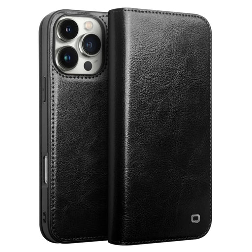 QIALINO For iPhone 16 Pro Case Genuine Cow Leather Phone Cover with Card Holder - Black - 1