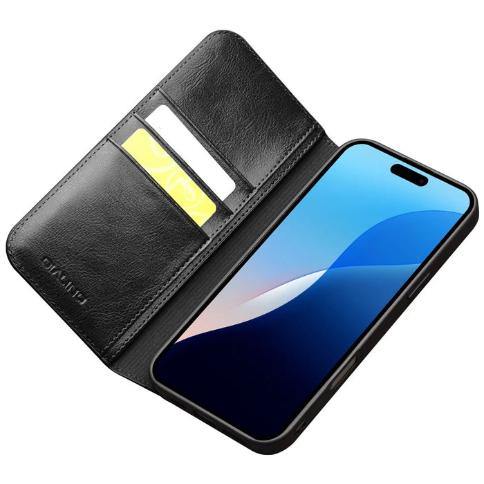 QIALINO For iPhone 16 Pro Case Genuine Cow Leather Phone Cover with Card Holder - Black - 3