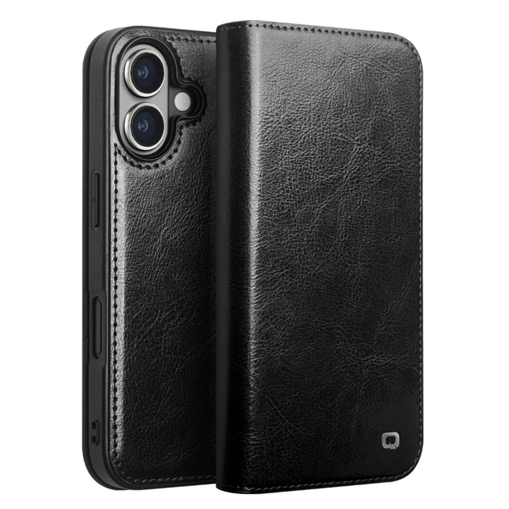 QIALINO For iPhone 16 Case Genuine Cow Leather Card Holder Stand Flip Phone Cover - Black - 1