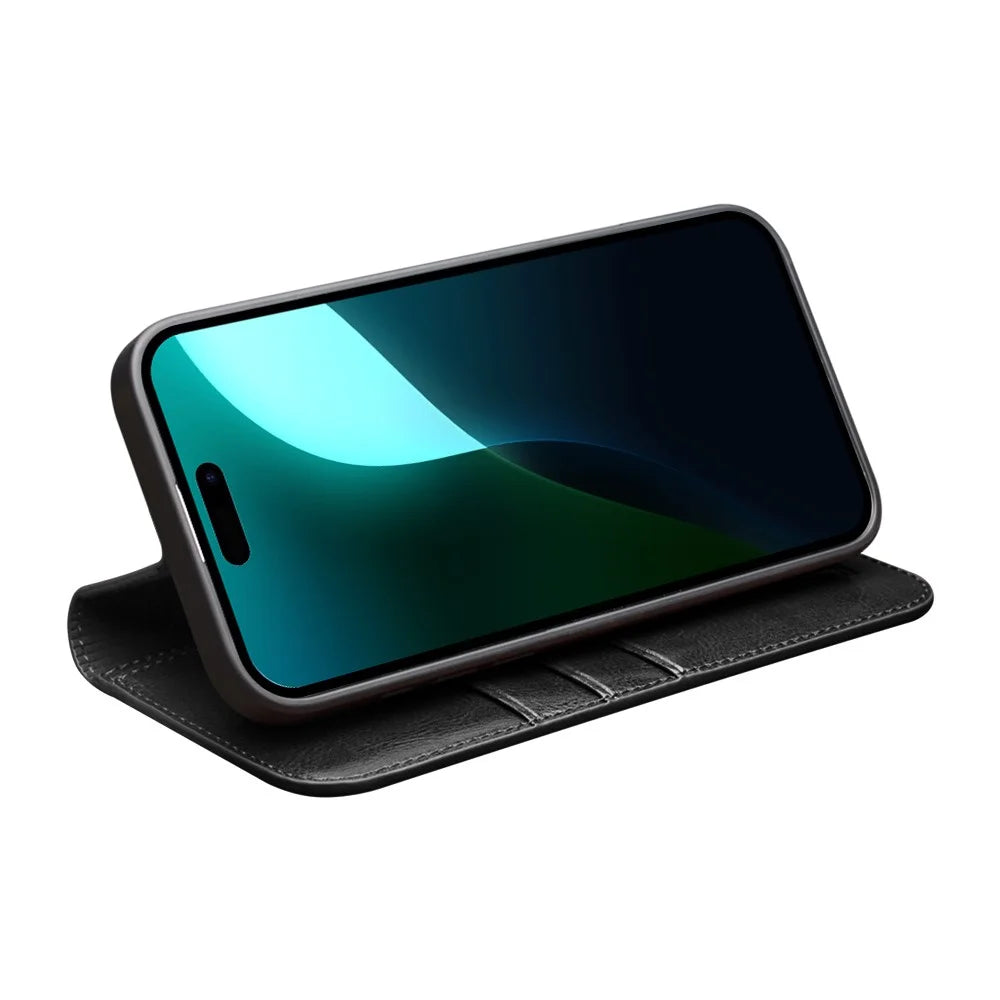 QIALINO For iPhone 16 Case Genuine Cow Leather Card Holder Stand Flip Phone Cover - Black - 2