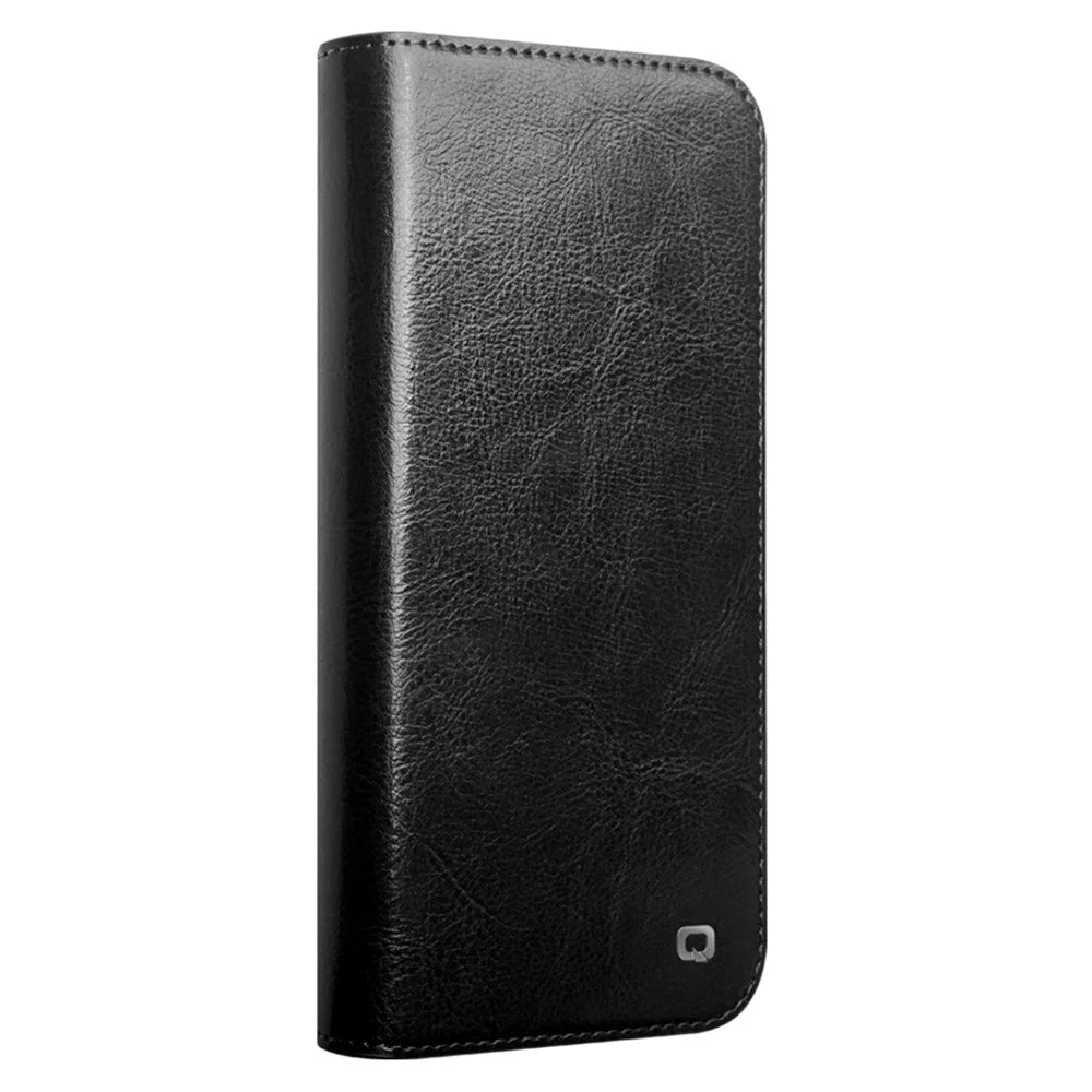 QIALINO For iPhone 16 Case Genuine Cow Leather Card Holder Stand Flip Phone Cover - Black - 4
