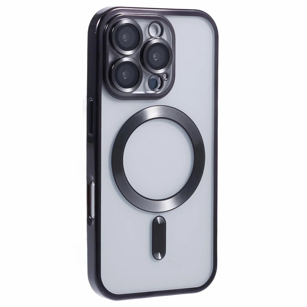 For iPhone 16 Pro Magnetic Case Soft TPU Electroplating Phone Cover with Lens Film - Black - 1