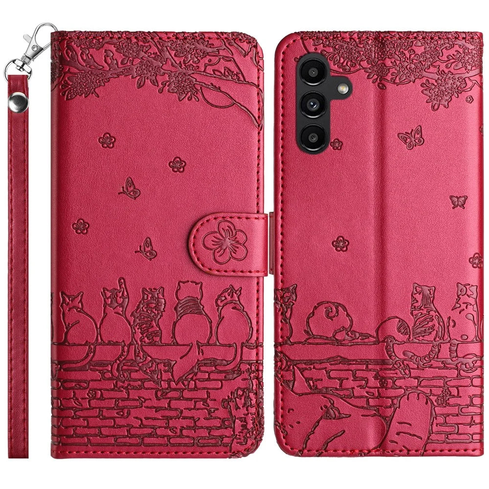 For Samsung Galaxy S23 FE Case with Wrist Strap Leather Phone Cover Wall Cats Pattern - Red - 1