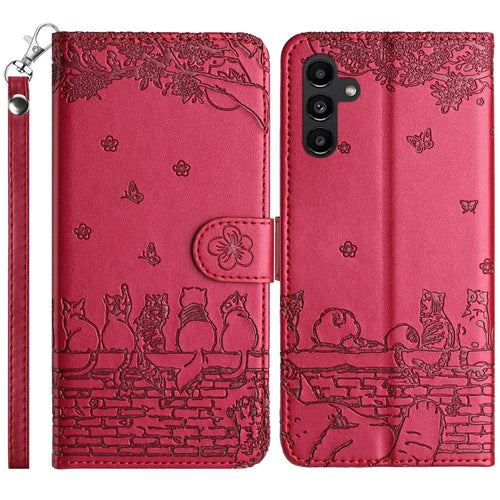For Samsung Galaxy S23 FE Case with Wrist Strap Leather Phone Cover Wall Cats Pattern - Red - 1