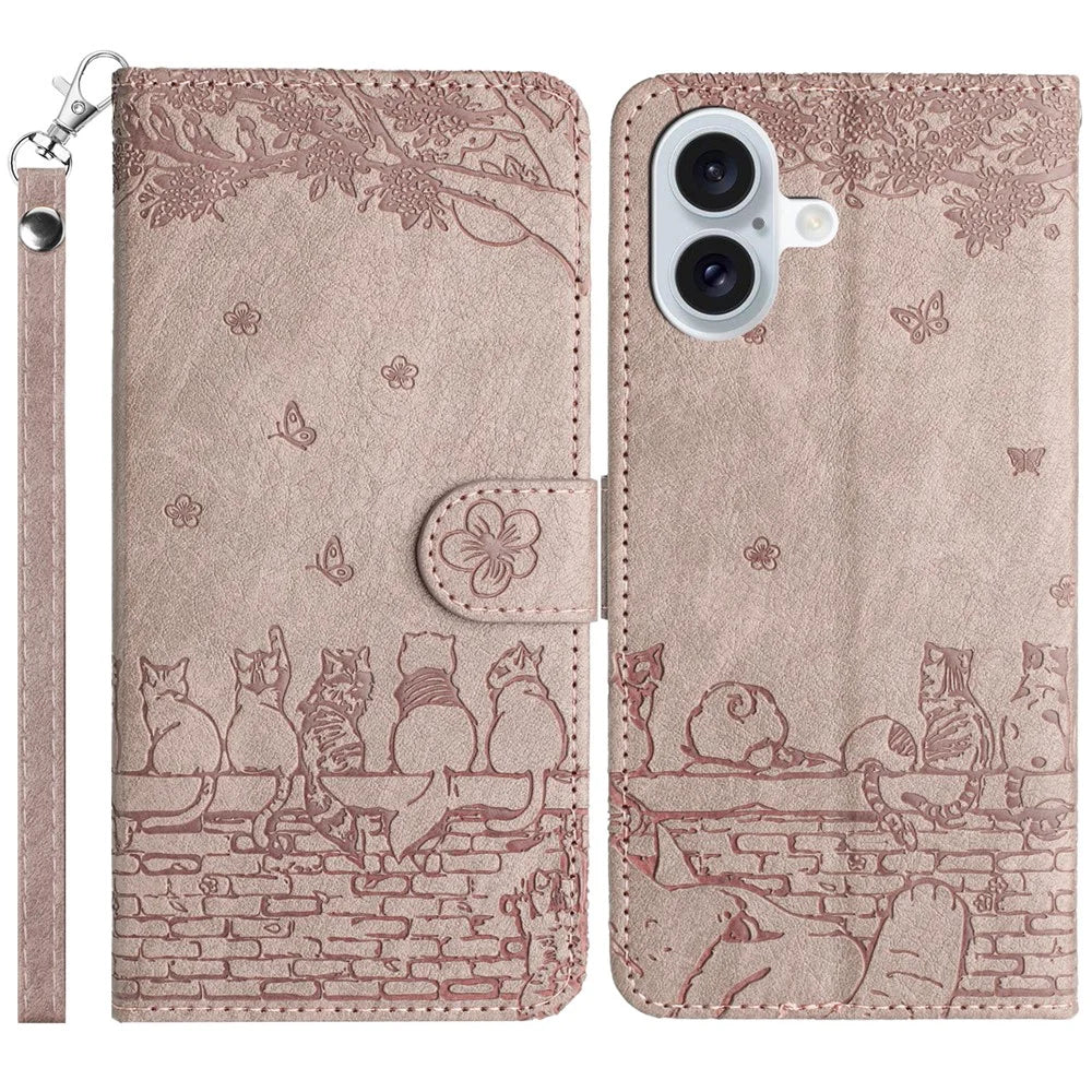 For iPhone 16 Plus Case with Wrist Strap Leather Phone Cover Wall Cats Pattern - Smoky Purple - 1