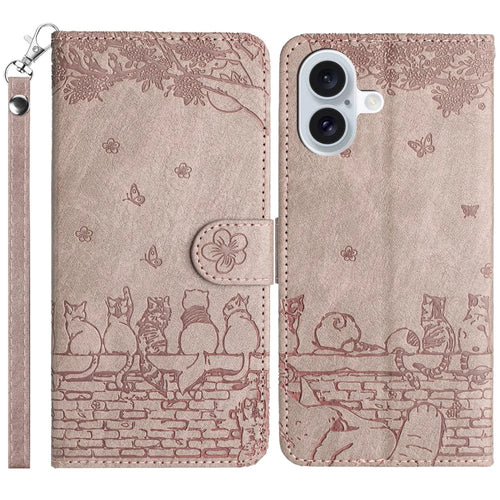 For iPhone 16 Plus Case with Wrist Strap Leather Phone Cover Wall Cats Pattern - Smoky Purple - 1