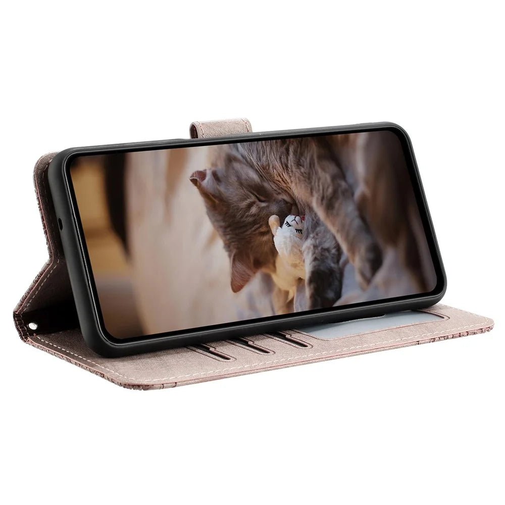 For iPhone 16 Plus Case with Wrist Strap Leather Phone Cover Wall Cats Pattern - Smoky Purple - 3