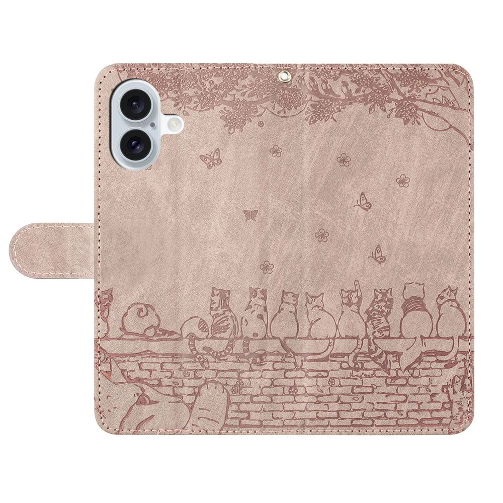 For iPhone 16 Plus Case with Wrist Strap Leather Phone Cover Wall Cats Pattern - Smoky Purple - 4