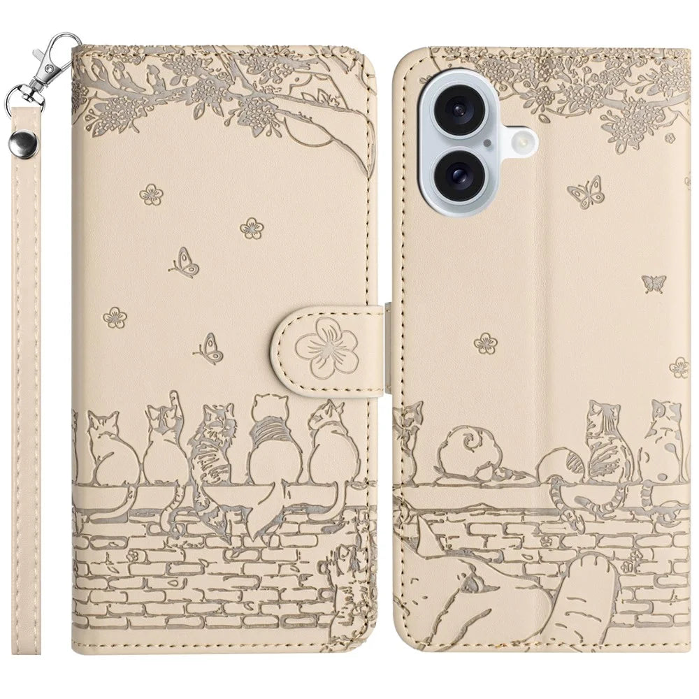 For iPhone 16 Case with Wrist Strap Leather Phone Cover Wall Cats Pattern - Apricot - 1