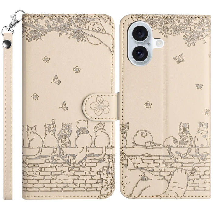 For iPhone 16 Case with Wrist Strap Leather Phone Cover Wall Cats Pattern - Apricot - 1