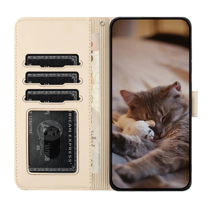 For iPhone 16 Case with Wrist Strap Leather Phone Cover Wall Cats Pattern - Apricot - 2