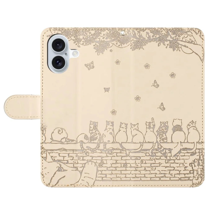 For iPhone 16 Case with Wrist Strap Leather Phone Cover Wall Cats Pattern - Apricot - 4