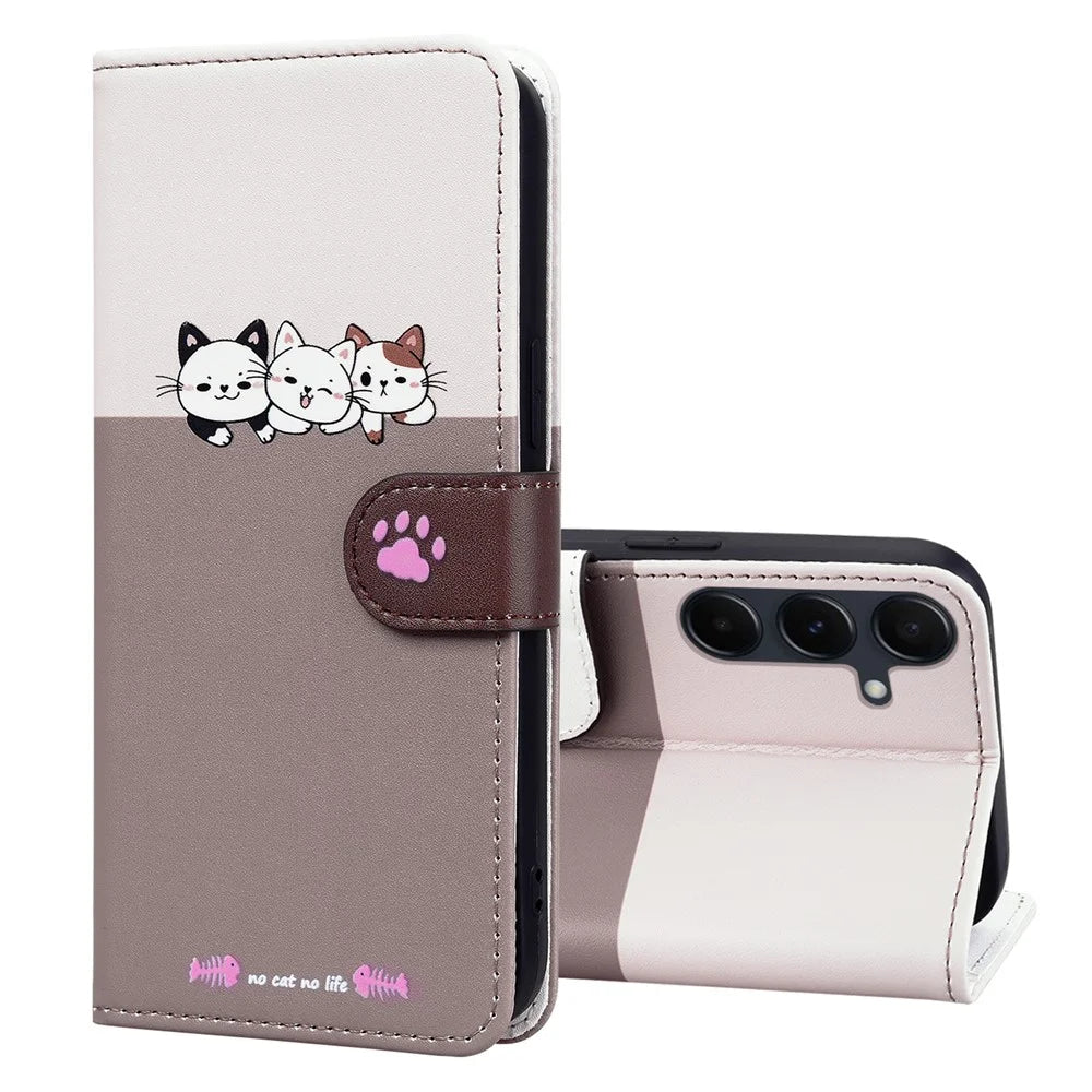 Cartoon Pet Series for Samsung Galaxy A35 5G Case Wallet Splicing Leather Cover - Bean Pink - 5