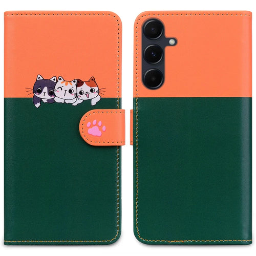 Cartoon Pet Series for Samsung Galaxy A55 5G Wallet Case Splicing Leather Phone Cover - Blackish Green - 1