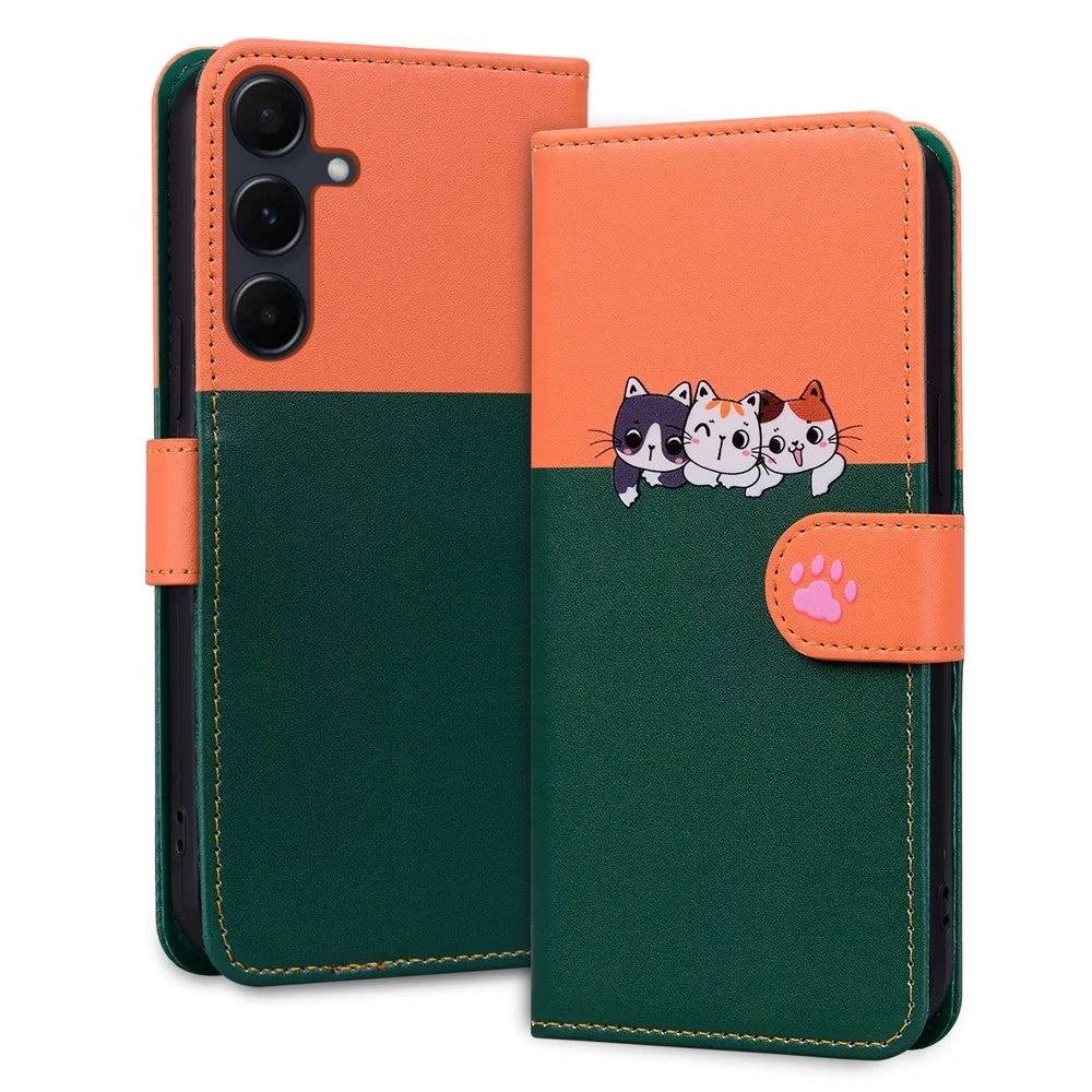 Cartoon Pet Series for Samsung Galaxy A55 5G Wallet Case Splicing Leather Phone Cover - Blackish Green - 4
